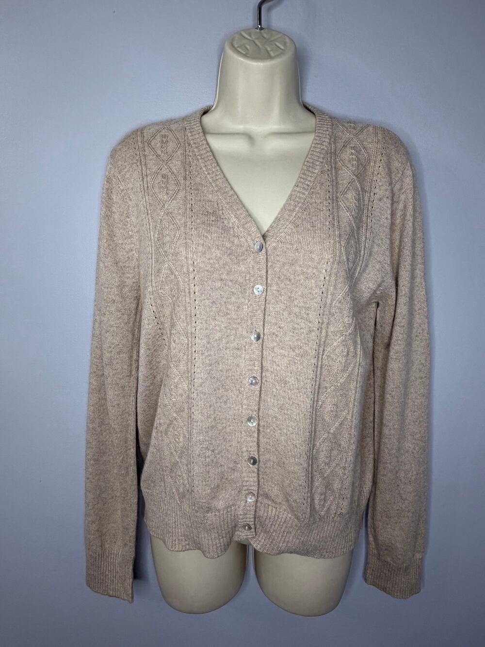 Liz Claiborne Silk Cashmere Cable Knit V Neck Sweater Vintage Y2K Beige Womens L